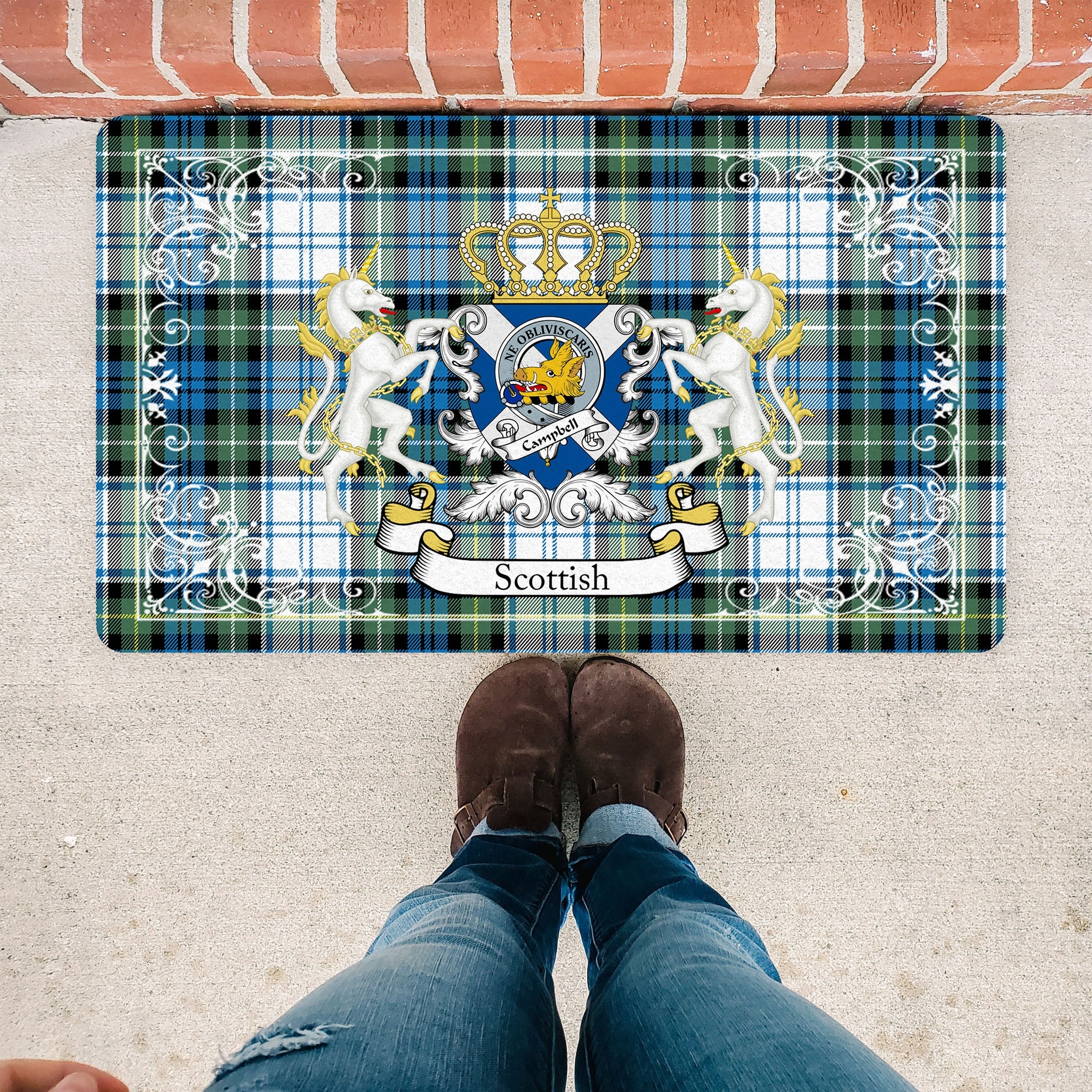 Scotstee Shop Tartan Door Mat Campbell Dress Ancient Clan Badge Tartan Scottish Plaid Doormat, Christmas Door Mat