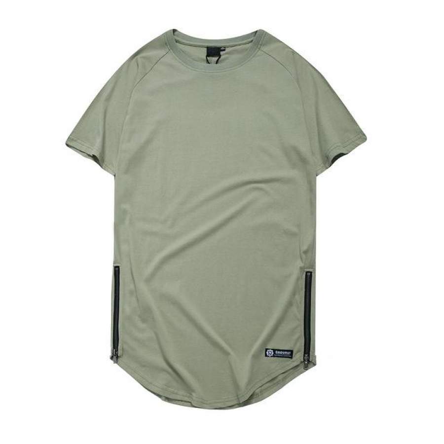 Solid Color Side Zipper Round Hemline Hip Hop T-shirt Men Summer Extended Plain T shirt Men Long line Tee Shirts