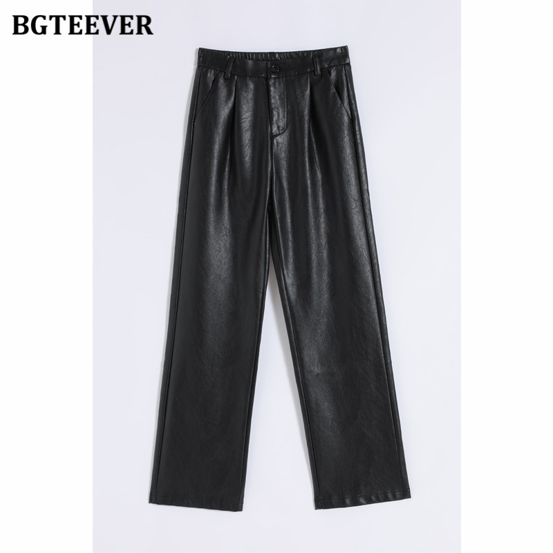 BGTEEVER Stylish Chic Loose Women PU Leather Pants Autumn Winter New Fashion Ladies High Waist Straight Faux Leather Trousers alx