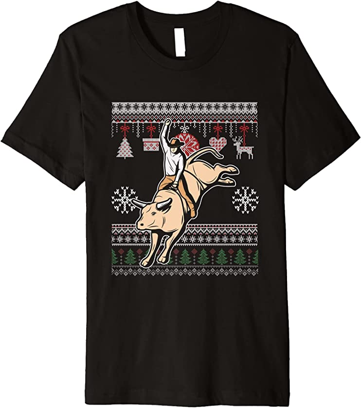 Ugly Christmas X-Mas Rodeo Bull Riding Santa Claus New Year Premium T-Shirt