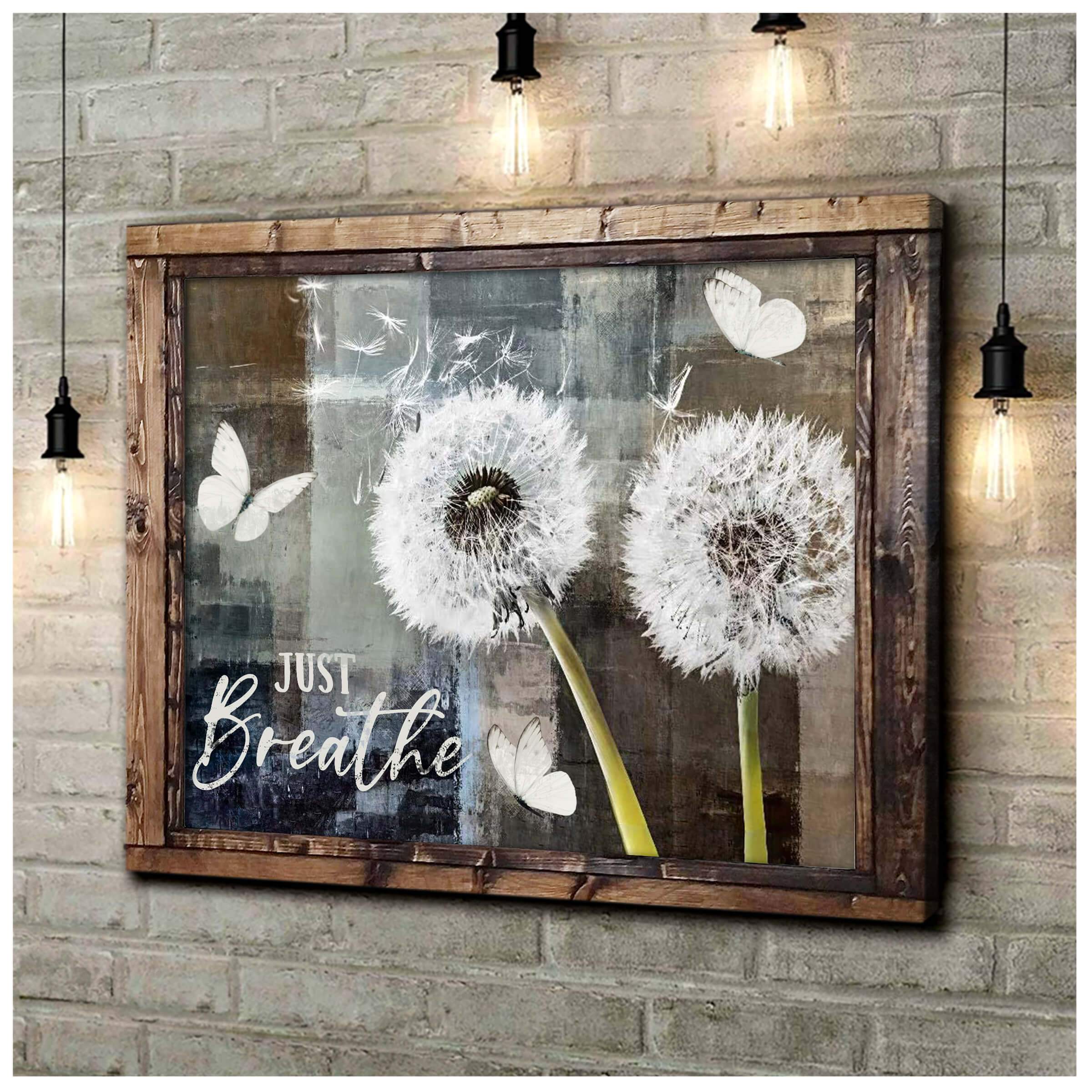 Brown Vintage Window Dandelion And Butterflies Canvas Just Breathe Poster Print, Canvas Wall Decor