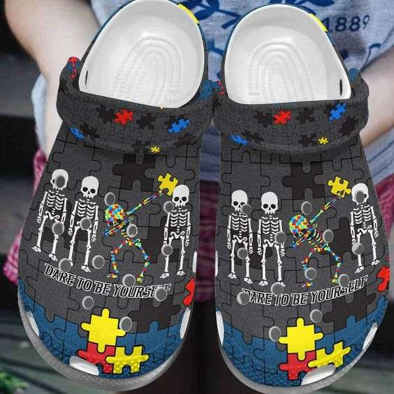 Autism Awareness Day Skeleton Dare To Be Yourself Autism Puzzle Pieces Crocband Clog Shoes