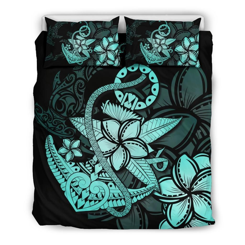 Alohawaii Bedding Set – Cover And Pillow Cases Hawaiian Anchor Plumeria Hamerhead Shark Polynesian – Turquoise – Ah J9