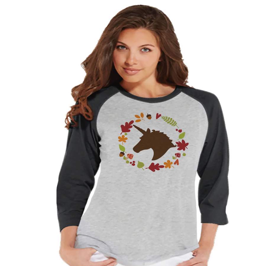 Women’s Unicorn Shirt – Fall Leaves Wreath Unicorn – Autumn Unicorn T-shirt – Womens Grey Raglan – Cute Fall Unicorn Shirt – Gift for Her