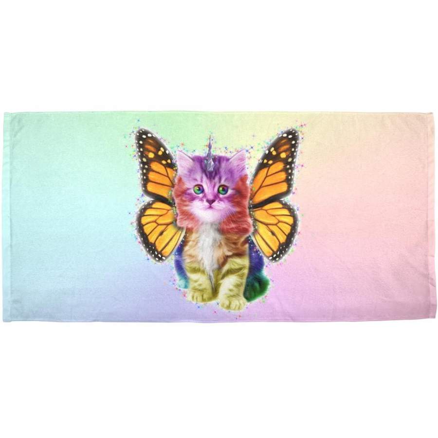 Rainbow Butterfly Unicorn Kitten All Over Bath Towel