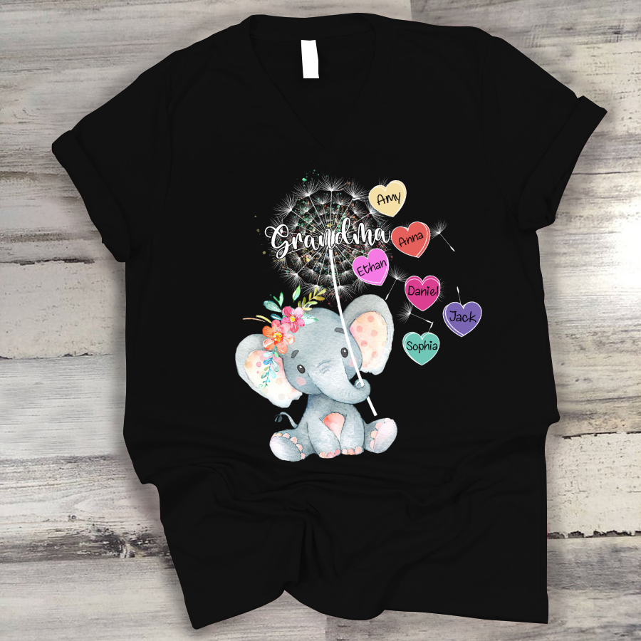 Personalized Grandma Elephant Cute With Grandkids Heart V-Neck