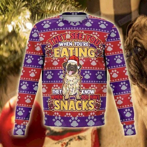 Adorable Pug Snacks Ugly Christmas Sweater, All Over Print Sweatshirt