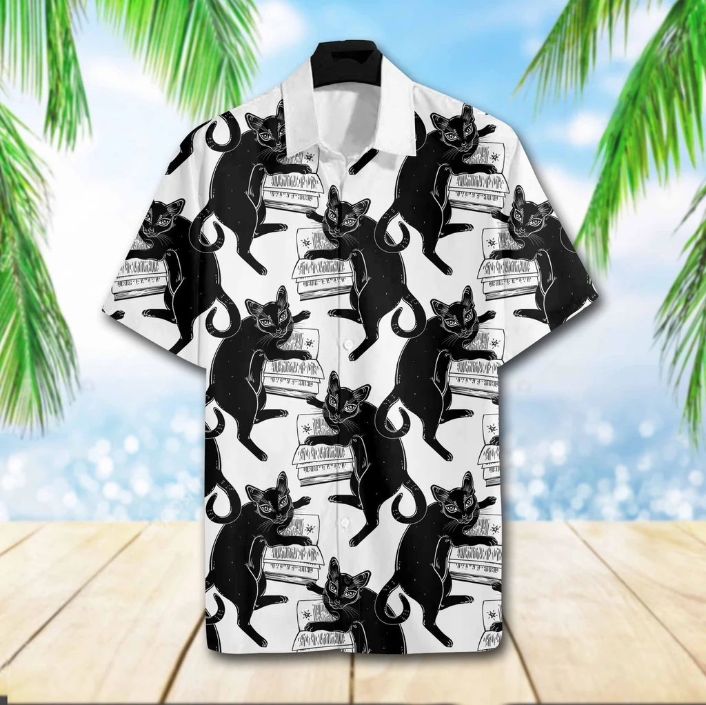 Black Cat Book Print Polyester Hawaii Shirt Ha61212