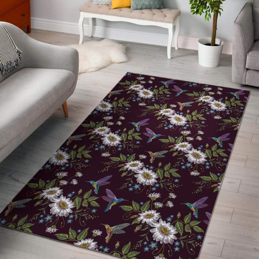 Hummingbird White Daisy Area Rug