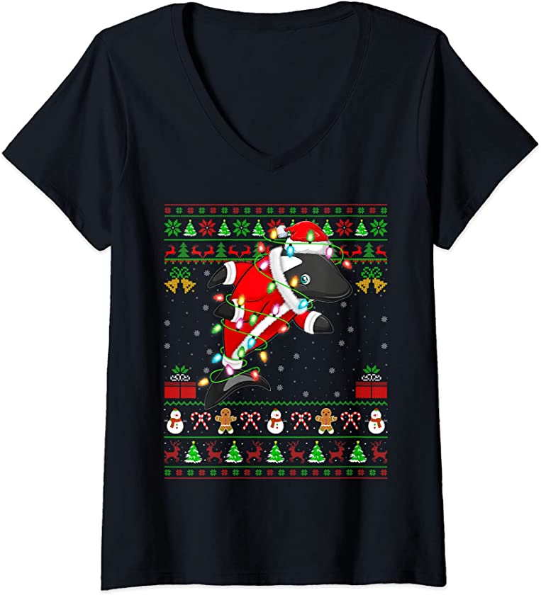 Womens Orca Fish Lover Xmas Matching Santa Ugly Orca Christmas V-Neck T-Shirt