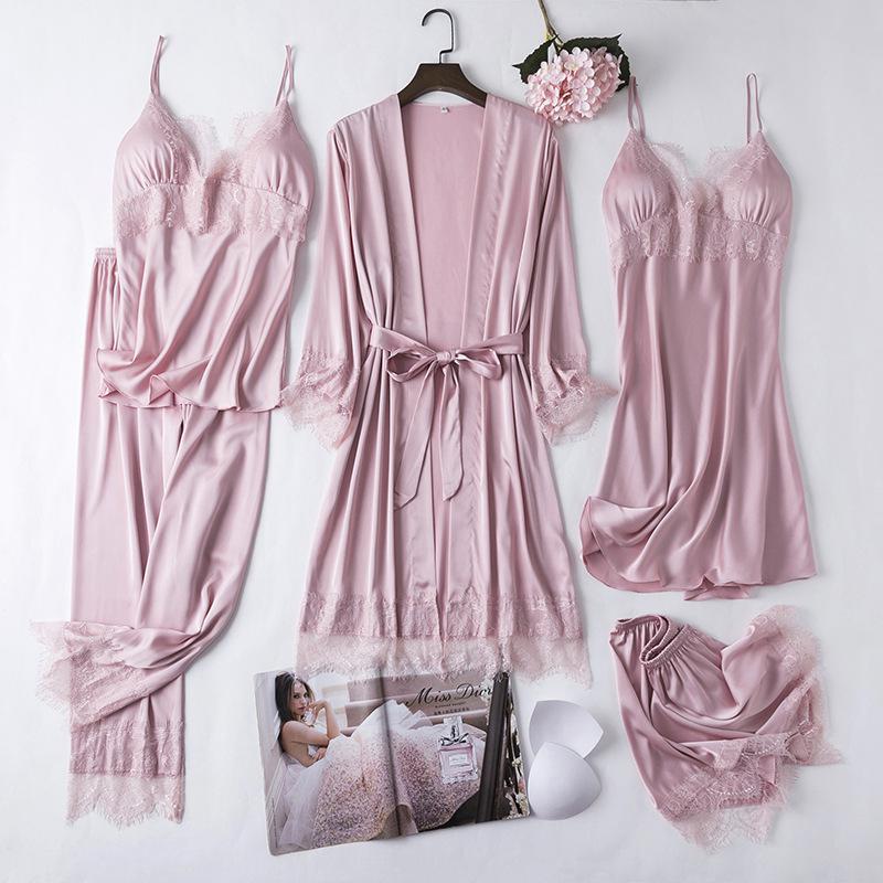 5PCS Lace Pajamas Set Women Sleepwear Satin Kimono Bathrobe Gown Loungewear Summer PJS Sleep Suits Casual Home Clothes alx