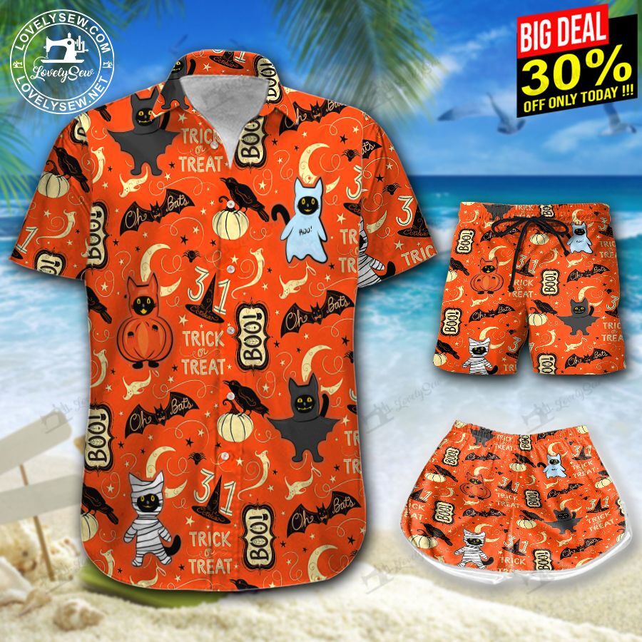 Black Cat Halloween Hawaiian Shirt Shorts Ha92049