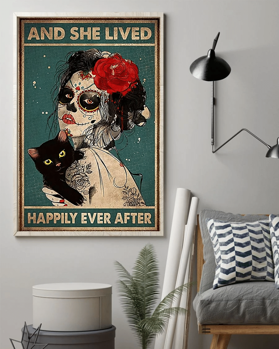 Tattooed Girl Loves Black Cat Poster Canvas – And She Lived Happily Ever After Vintage Sugar Skull Home Decor Wall Art Evg80701