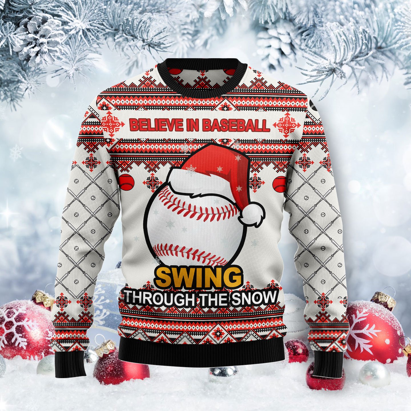 Baseball Swing Through Snow G51126 unisex womens & mens, couples matching, friends, baseball lover, funny family ugly christmas holiday sweater gifts (plus size available)