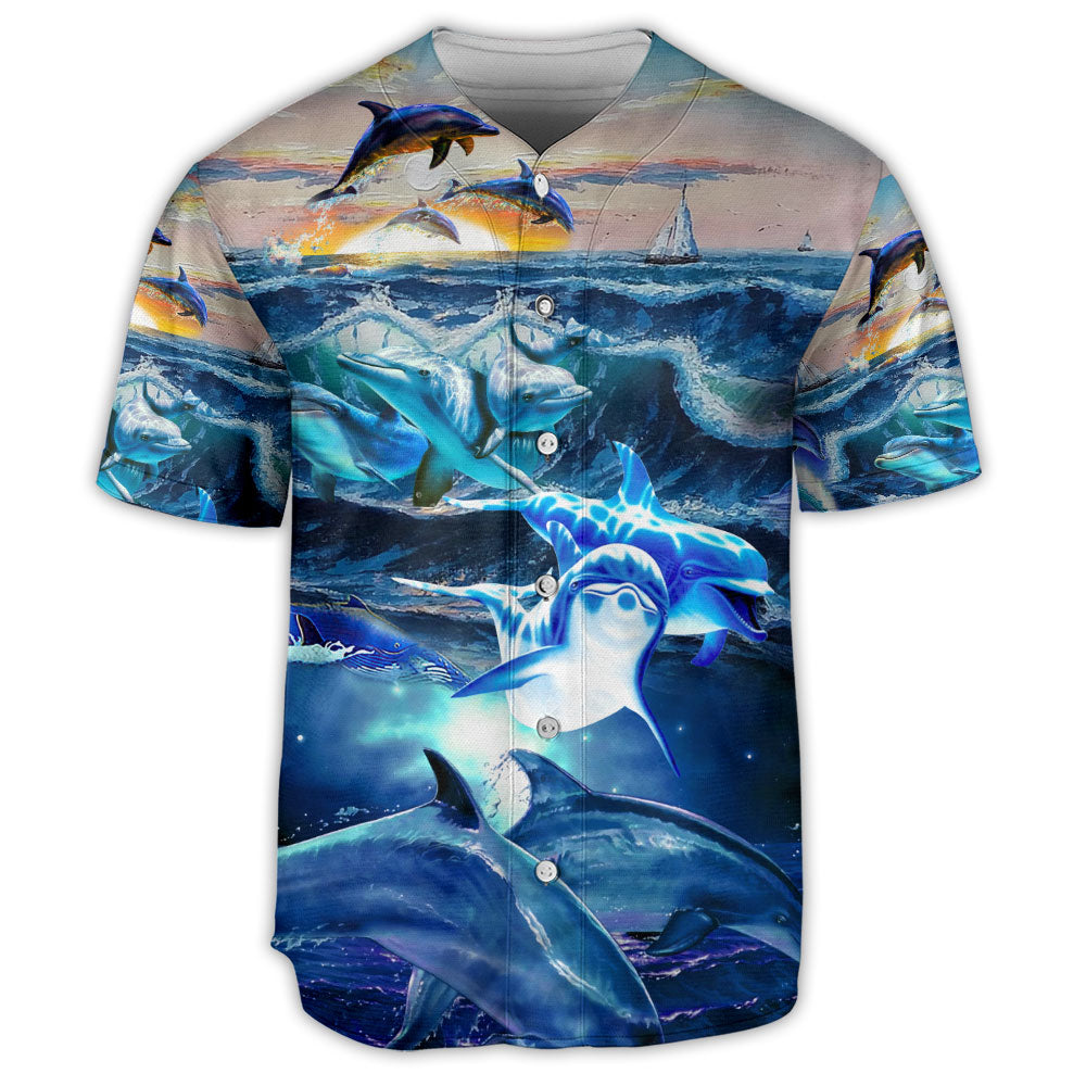 Dolphin Family Play With Wave  – Baseball Jersey