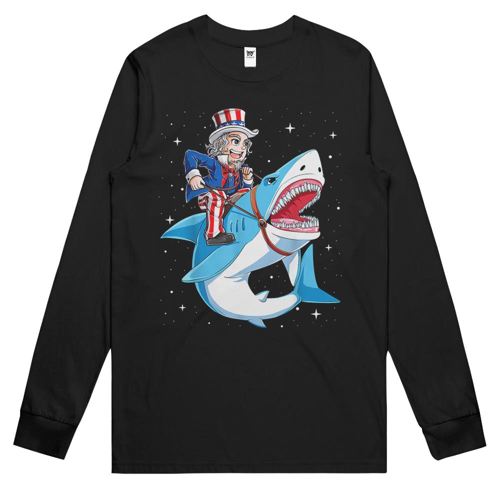 4Th July Shirts, Fourth Of July Long Sleeve T Shirts, 4Th Of July Long Sleeve T Shirts, Uncle Sam Riding Shark Long Sleeve T Shirts 4Th Of July Long Sleeve T Shirts