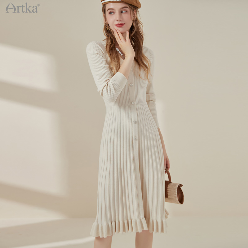 ARTKA 2021 Autumn New Women Dress 2 Colors Elegant Pleated Knitting Dresses V-Neck Long Sleeve Slim Midi Knitted Dress LB20011D alx