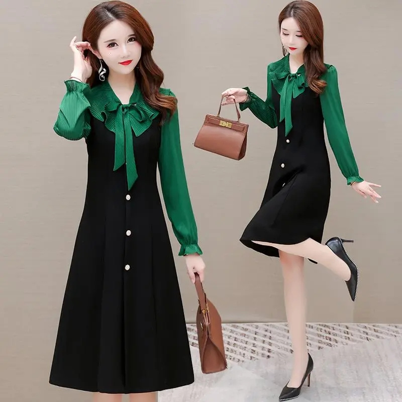 2022 spring Autumn New Dress Fashion 4XL Loose Long Sleeve A-line Dress Women Mid-length Fake Two Pieces Dresses C alx