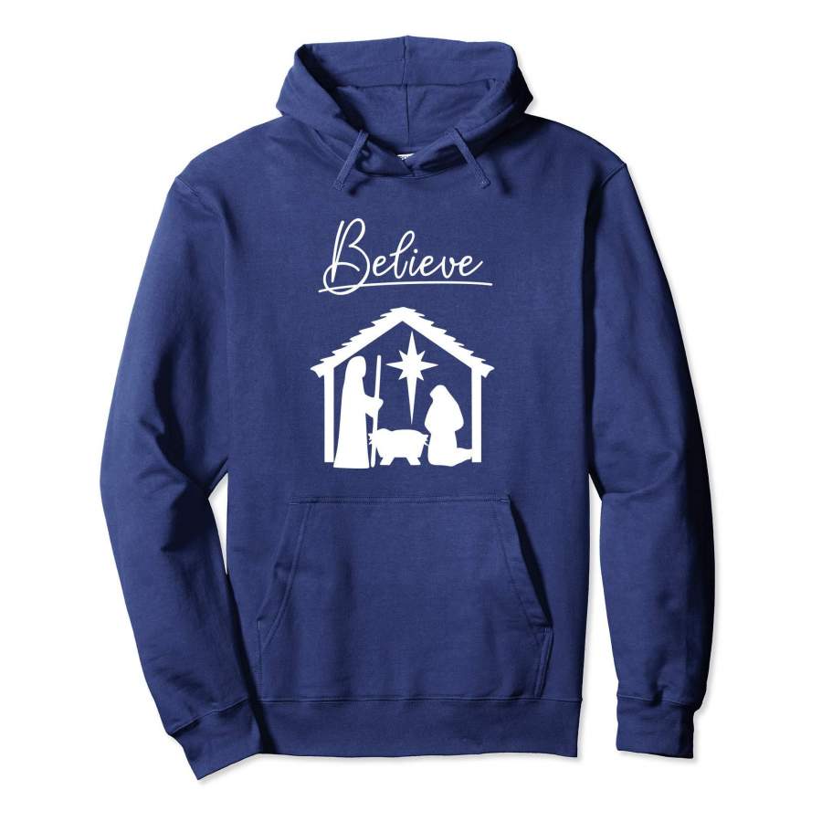 Believe Hoodie Baby Jesus Christmas Stable Manger Star