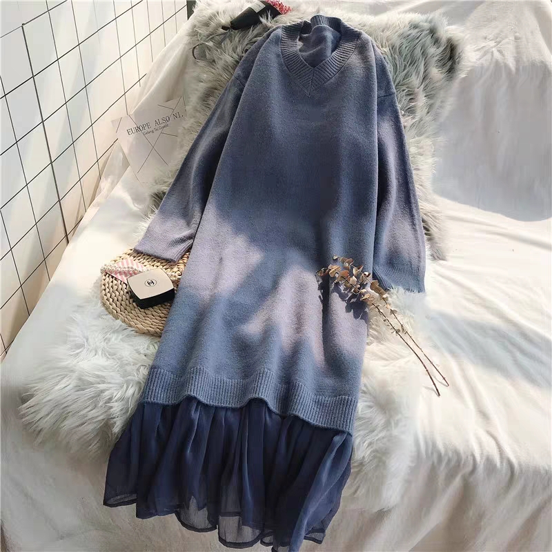 Y2k Women dress Casual V neck Loose Women Sweater Dress Elegant Autumn Winter Dress Ruffles Patchwork Female Long Knitted plus alx