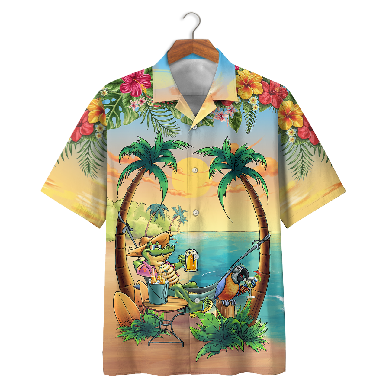 Famille – Crocodile On The Beach Hawaiian Shirt ,Short