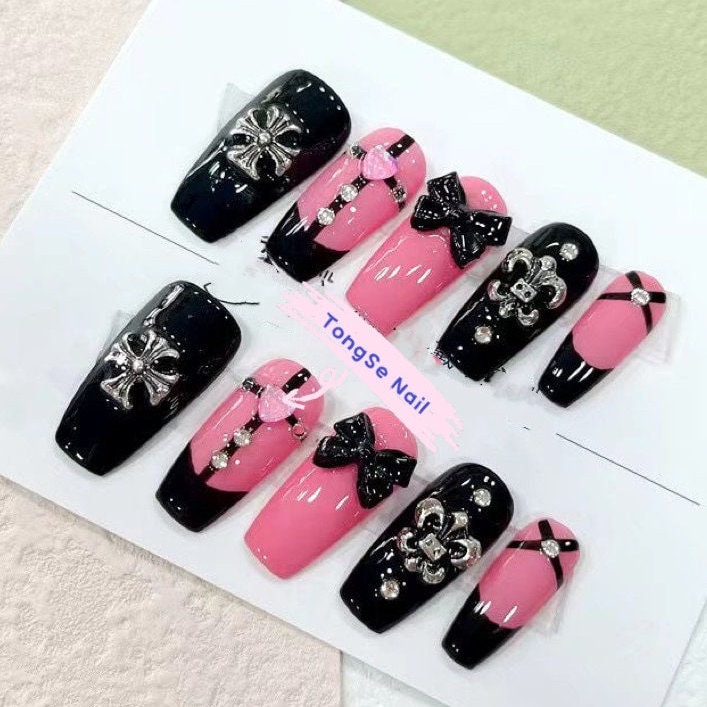 Black and Pink Chrome Press On Nails/ Cute Nails/ pinkGothic Nails Gel Nails Y2K Nails Kawaii Nails Japanese Lolita Princess nail #239