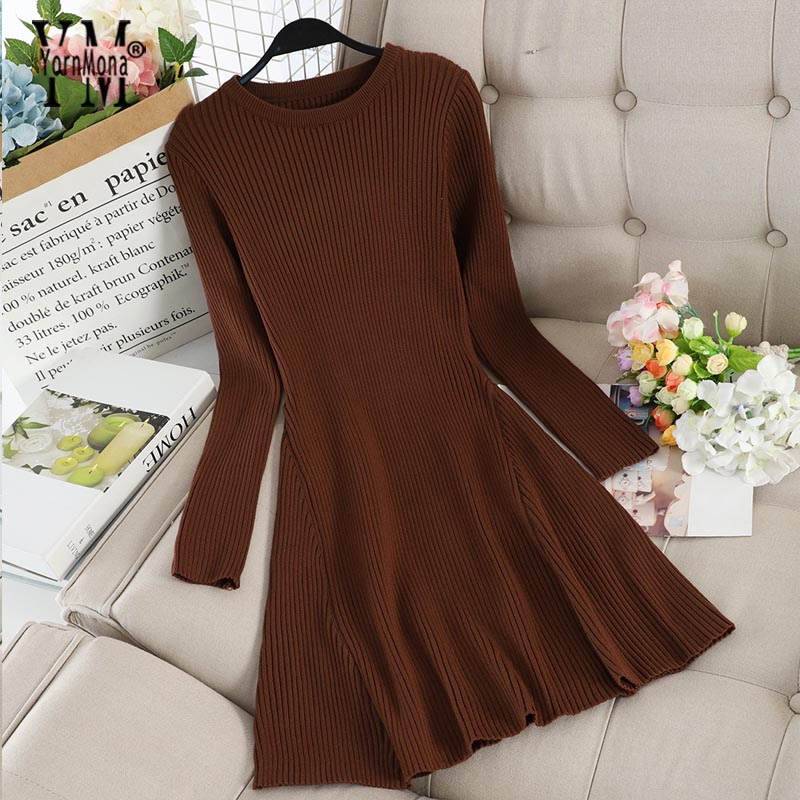 YornMona 2020 Women Basic Autumn Winter Sweater Dress Solid Brief A Line Short Dress Female Long Sleeve Knitted Dress Vestidos alx