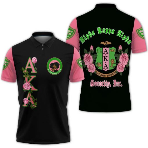 Alpha Kappa Alpha Aka Sorority Pink Rose Black Polo Shirt