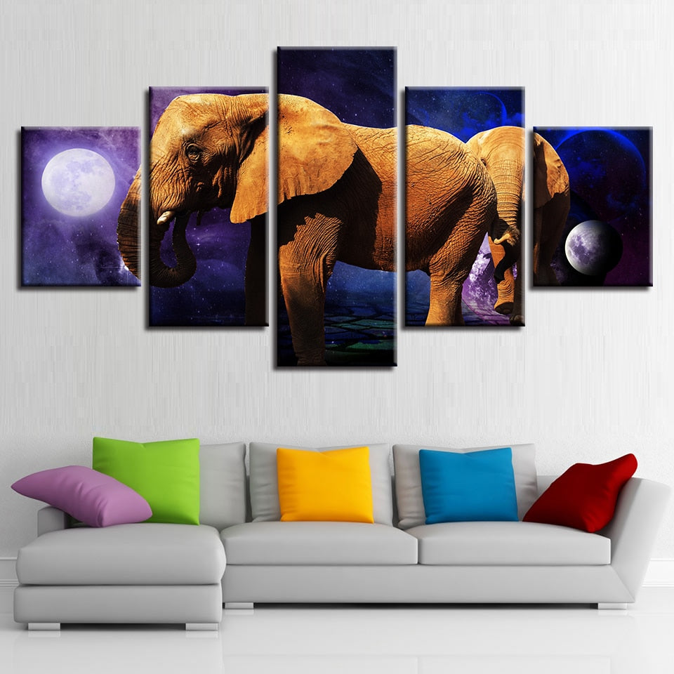 Planet Animals Elephants Night 5 Piece Hd Multi Panel Canvas Wall Art Frame