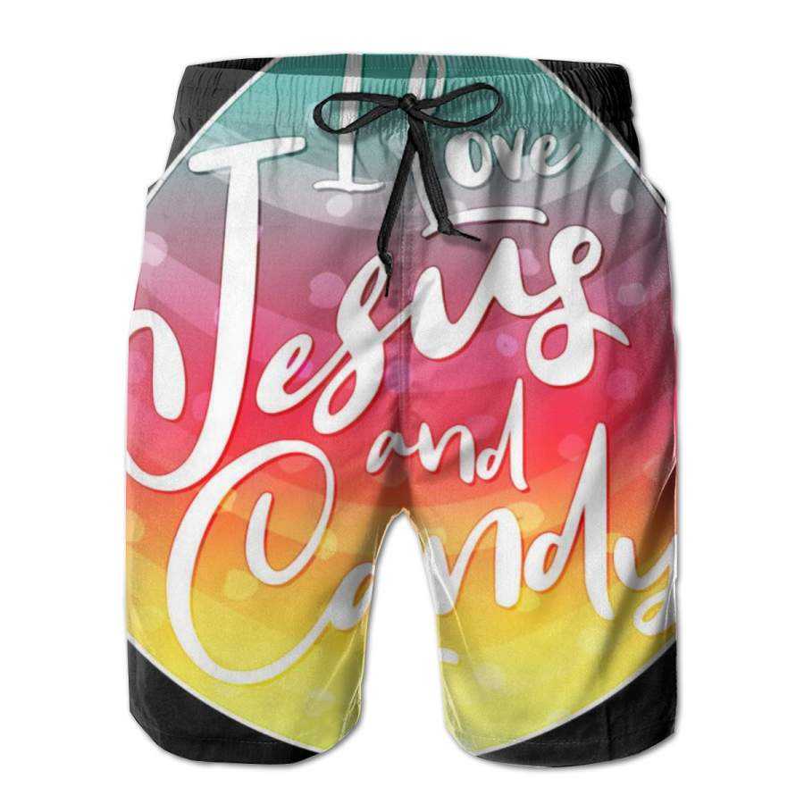 2 Pack I Love Jesus And Candy Poster Men Swim Trunks Drawstring Elastic Waist Quick Dry Beach Shorts with Mesh Lining Swimwear Bathing Suits