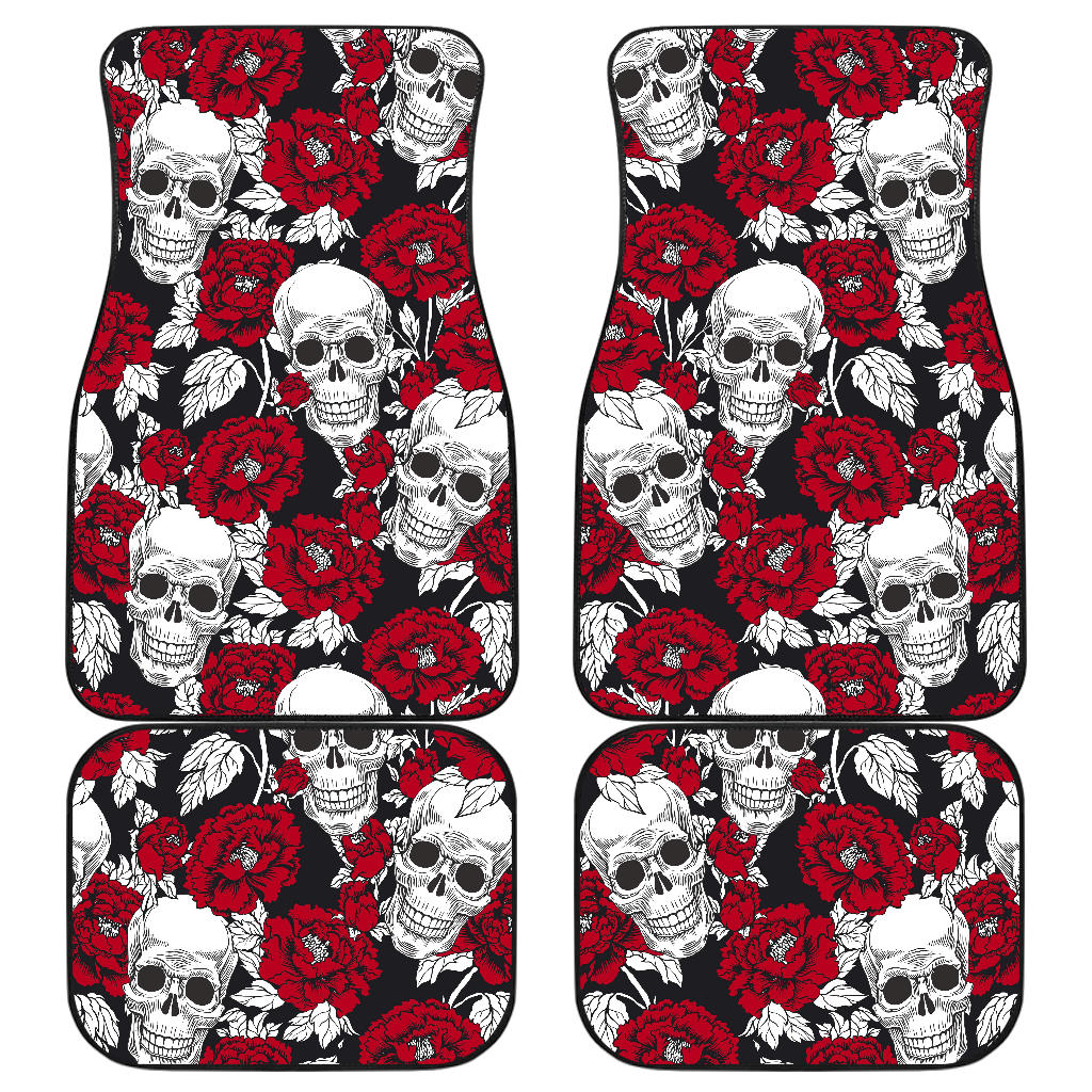 Red Peony Skull Pattern Print Front And Back Car Floor Mats, Front Car Mat