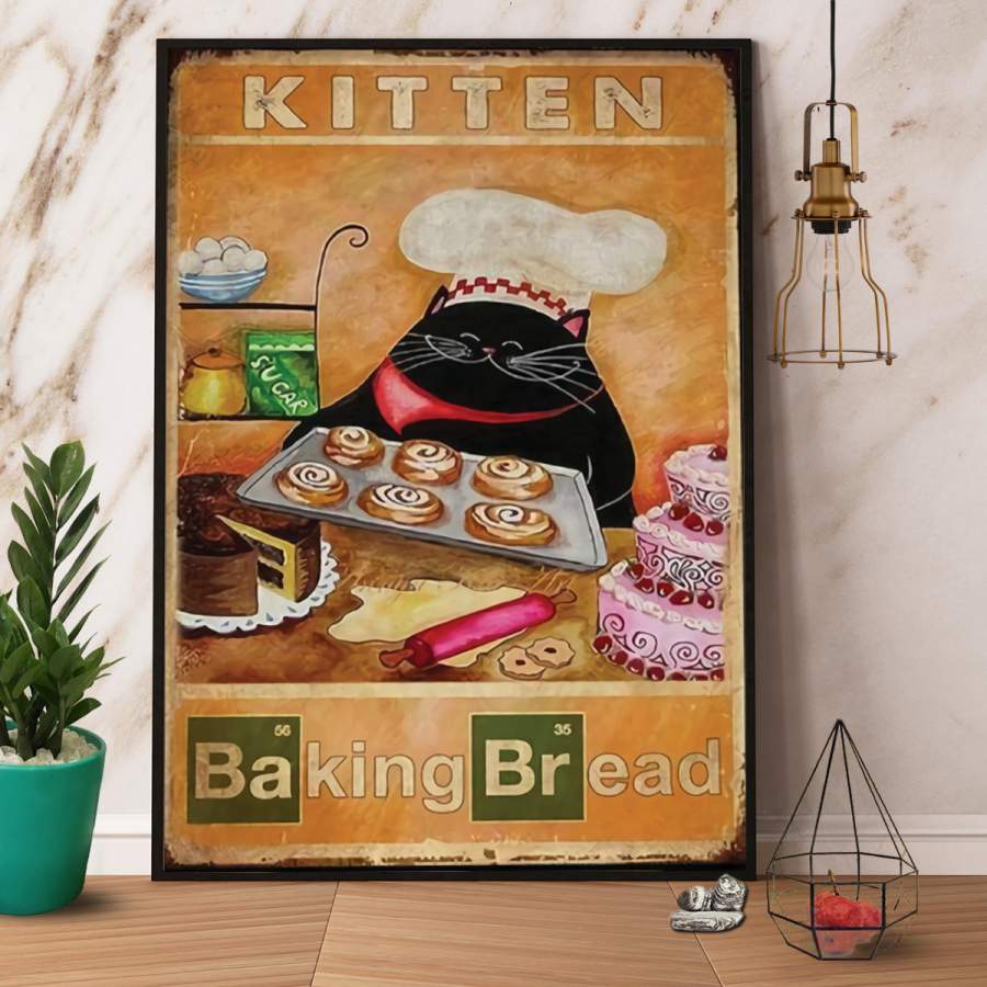 Black cat kitten baking bread bakery paper poster no frame/ wrapped canvas wall decor full size