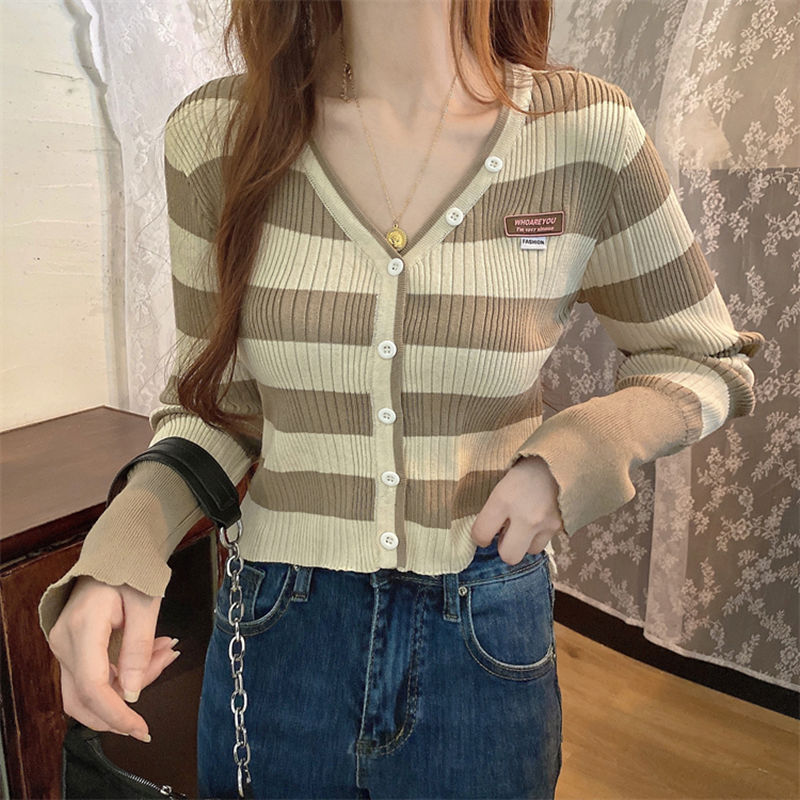 Cardigan for Women Sweaters Long Sleeve Tops Free Shipping Striped Cropped Cardigans Woman Pink V Neck Sweater Kawaii Knitted alx