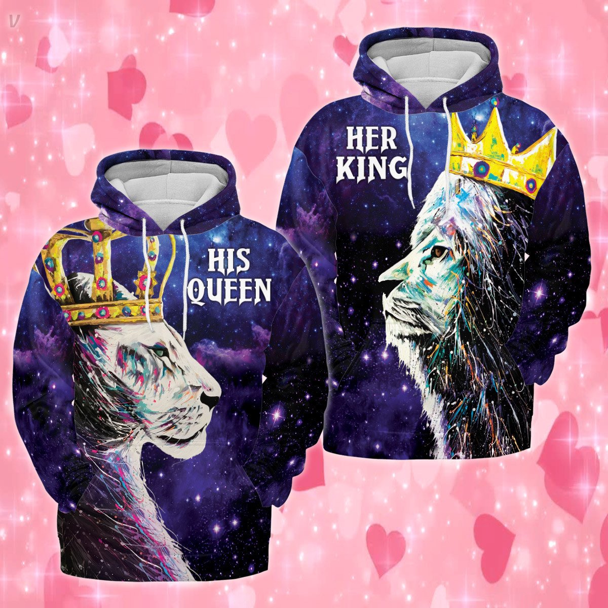 Valentine’S Gift Her King And His Queen Lion Galaxy Couple Hoodie 3D #Va