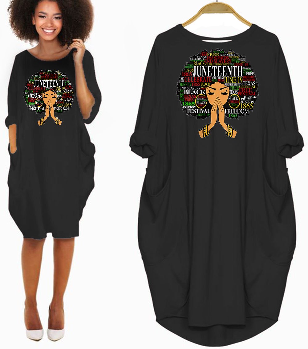 African Fashion Dresses Juneteenth Melanin Black Women Natural Hair Afro Word Art Cute Melanin Poppin Girl Long Sleeve Pocket Dress Afrocentric Clothing