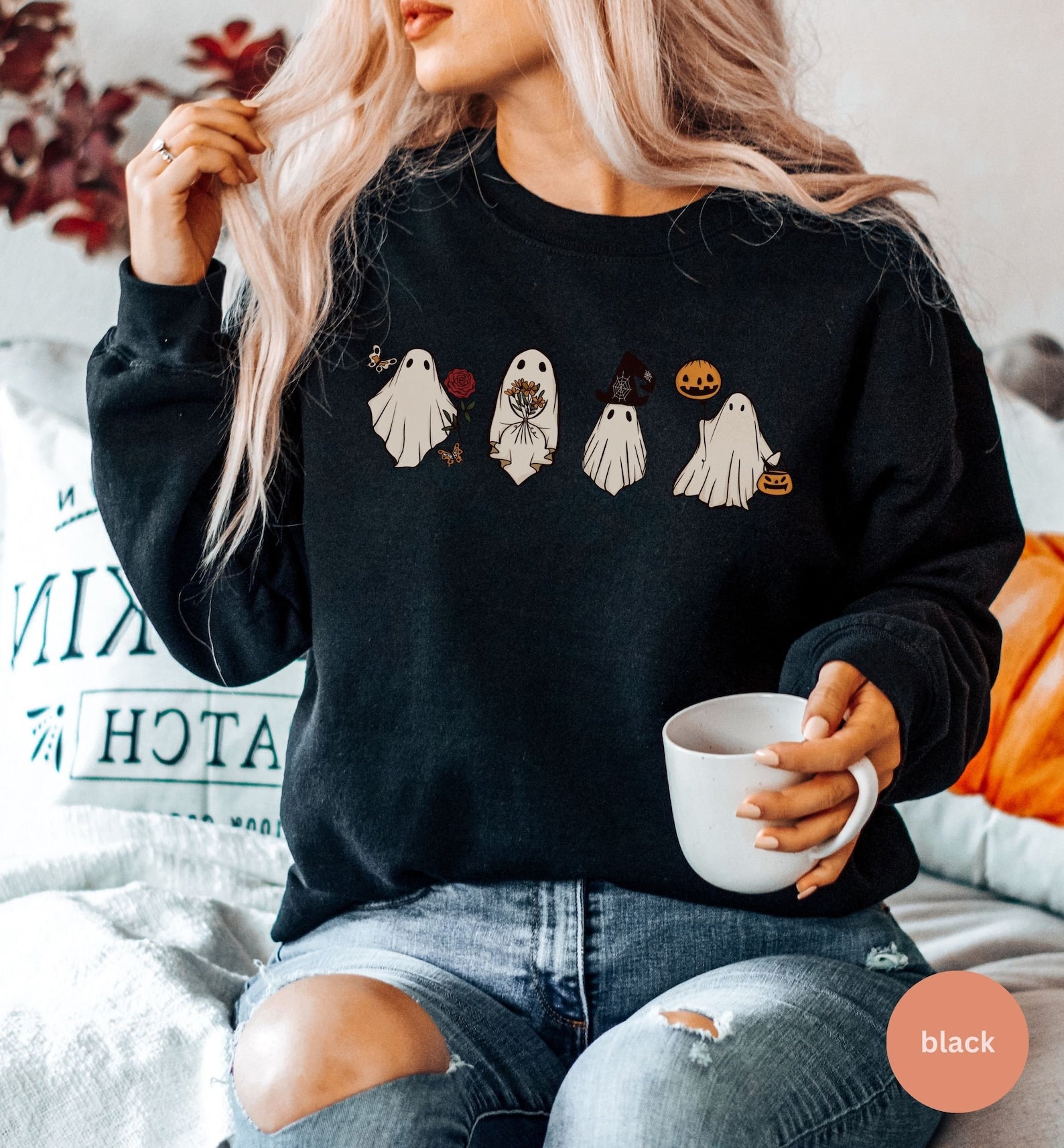 Floral Ghost  2D Crewneck Sweatshirt All Over Print Sweatshirt For Women Sweatshirt For Men