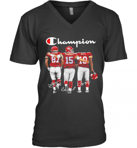 Kansas City Chief Kelce Mahomes And Hill Champion Signatures V-Neck T-Shirt