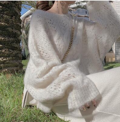 White Chic Mohair Pullover Sweater Autumn 2021 Long Sleeve Hollow Out Sweater O-neck Casual Pullovers Women Jumper Sweet Sweater alx