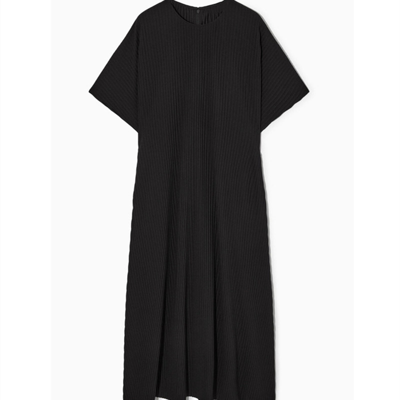 Women Black Short Sleeve Robe Temperament Round Neck Summer 2022 Ladies Casual Pleated Midi Dress alx