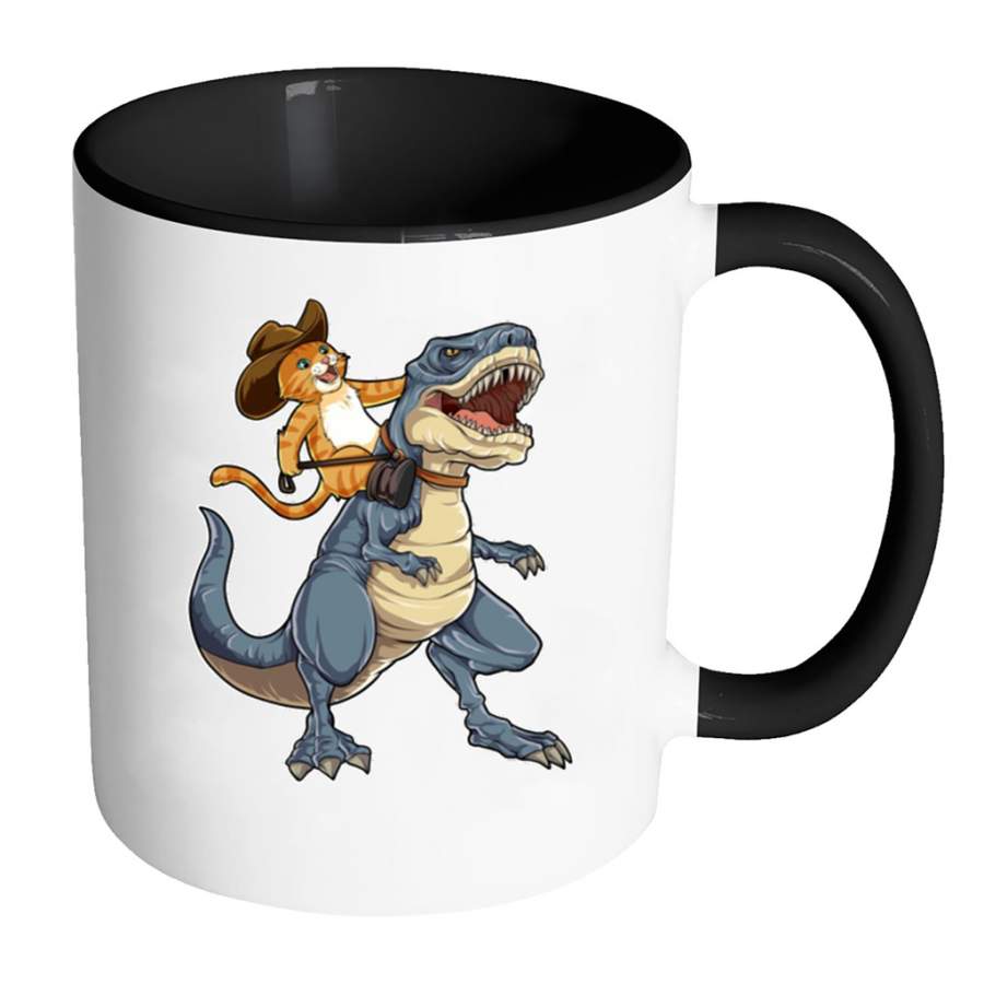 Cat Cowboy Riding T-rex Dinosaur, Funny Purrassic Kitty Kitten Dino Gifts – Full-Wrap Coffee Colors Accent Mug