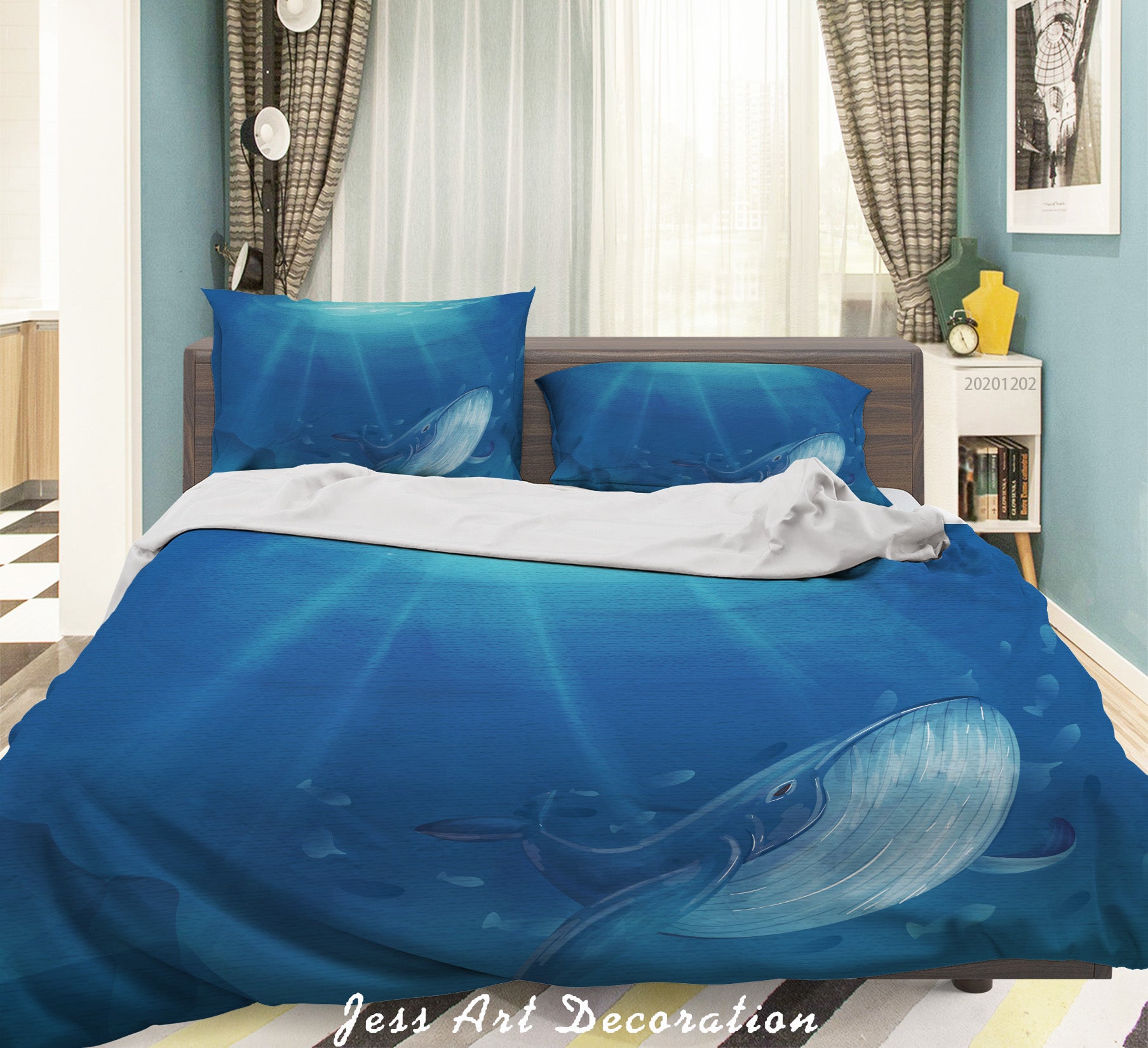 3D Hand Drawn Blue Ocean Whale Fish Bubble Quilt Cover Set Bedding Set Duvet Cover Pillowcases Lxl