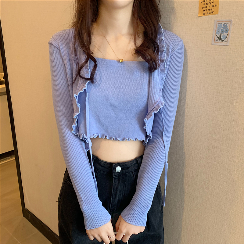 Womens Cardigan One Pieces Sets Knitted Sweater 2022 Korean Clothing Lace Up Cardigans Thin Slim Crop Tops Pullover alx