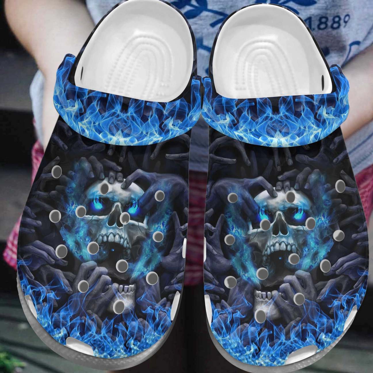 Skull Personalized Clog, Custom Name, Text, Color, Number Fashion Style For Women, Men, Kid, Print 3D Screaming In Blue Flames