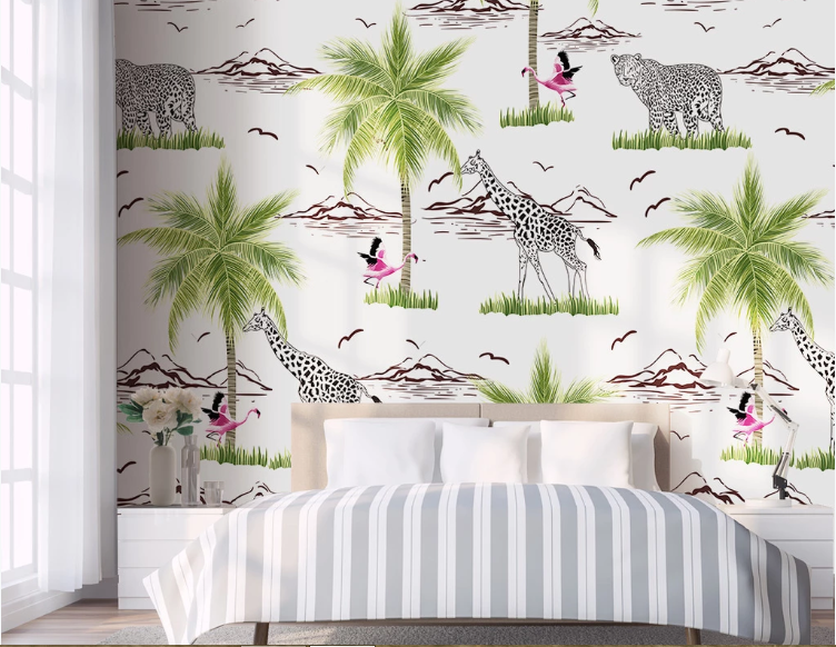 3D Flamingo Leopard Flamingo Palm Tree Wall Mural Wallpaper C162