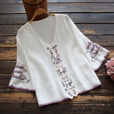 Tops TShirts Cotton Linen Casual Summer Fashion Chinese Style Embroidery Women Clothes Shirts for Women Elegant Vetement Femme alx