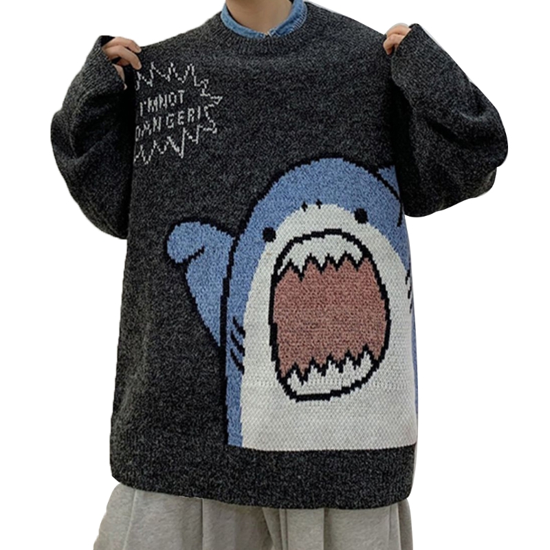 Women Men Cartoon Shark Print Sweater Round Neck Long Sleeve Oversized Pullover Top Harajuku Hip Hop Casual Loose Knitwear alx