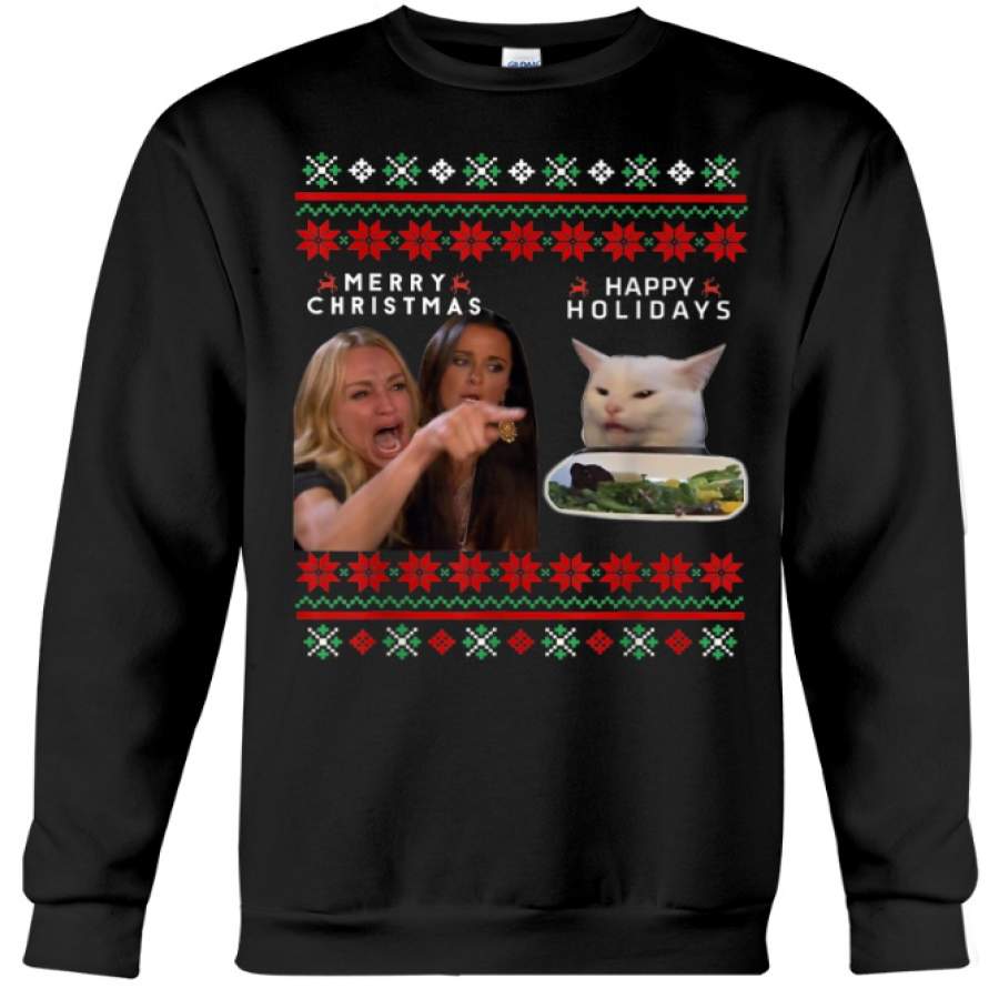 Woman yelling at a cat meme merry christmas vs happy holidays ugly christmas sweater – GST