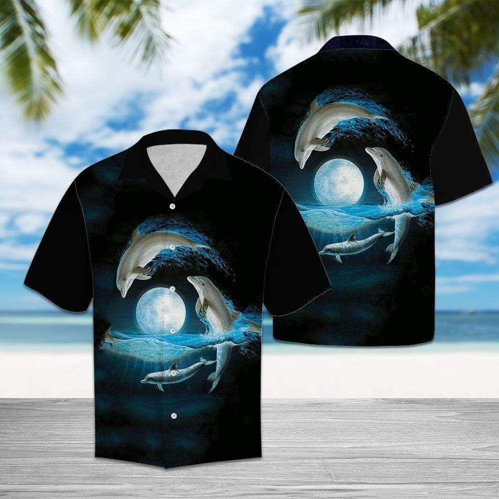 Beach Shirt Get Here Dolphins With The Moon Hawaiian Aloha Shirts