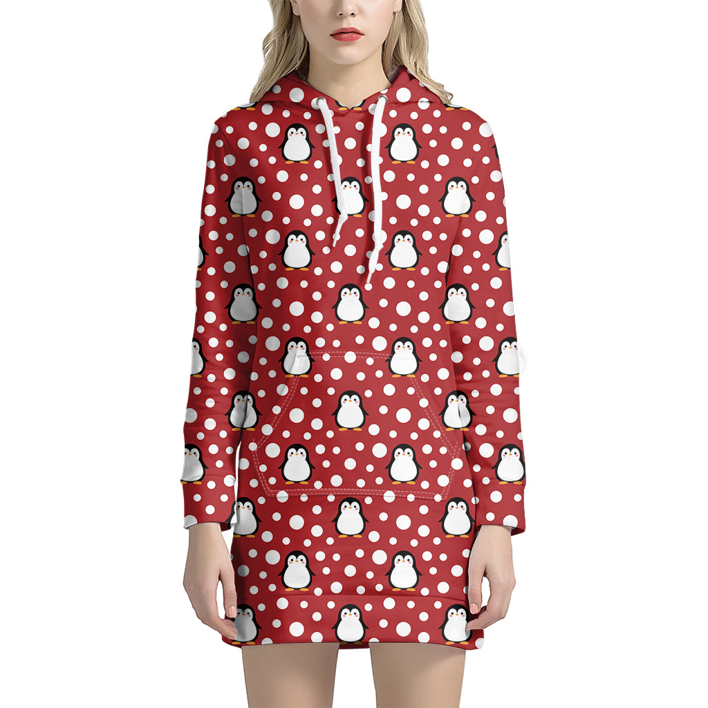 Red Snow Penguin Pattern Print Women’S Pullover Hoodie Dress