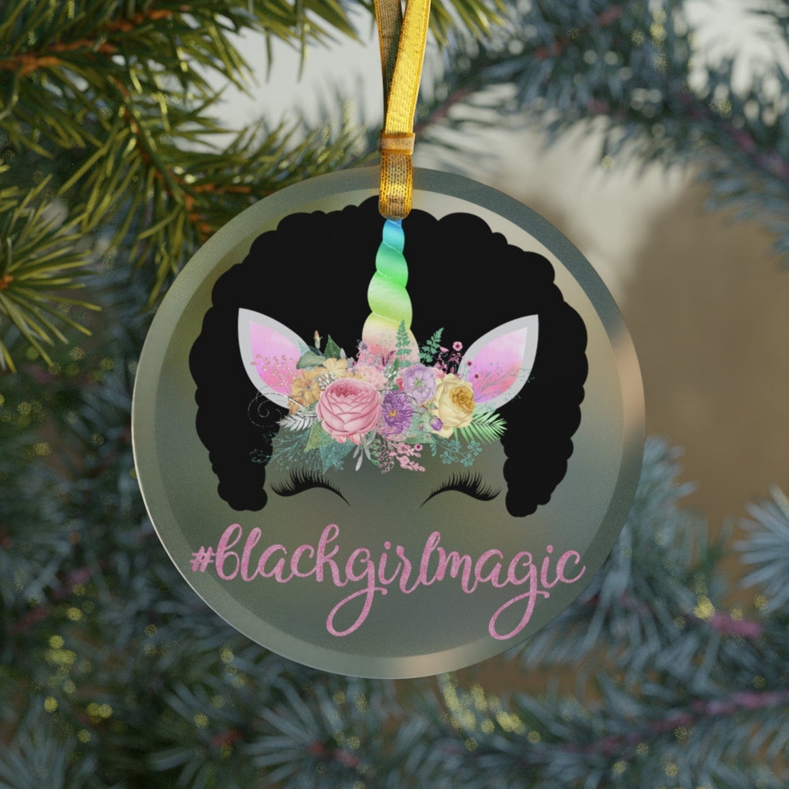 Rainbow Afro Unicorn Black Girl Magic Unicorn Giftsunicorn Holiday Decoration Floral Pastel Christmas Ornament